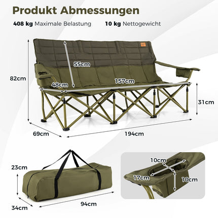 3-Person Folding Camping Sofa with Adjustable Armrests