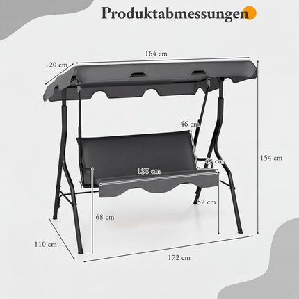 3-Sitzer Hollywoodschaukel mit verstellbarem Sonnendach, Grau