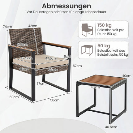 3-teiliges Balkonmöbel-Set mit Kissen und Tisch