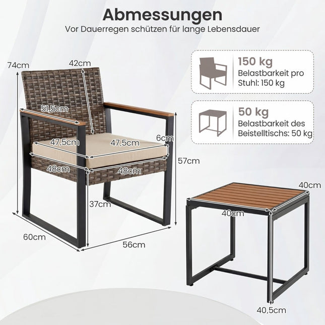 3-teiliges Balkonmöbel-Set mit Kissen und Tisch