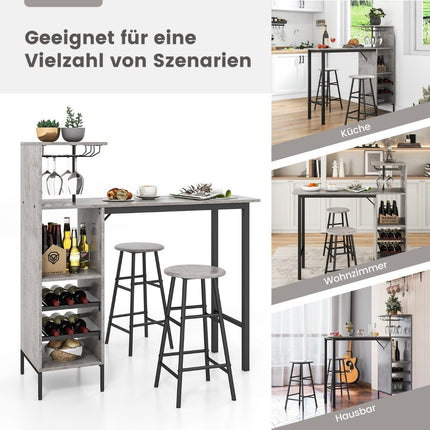 3-teiliges Bartisch- und Stuhlset, Industrieller Kneipentisch und Hocker, Grau