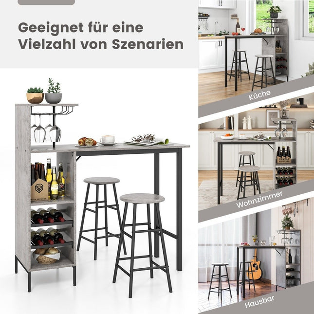 3-delige bartafel en stoelenset, industriële bartafel en kruk, grijs