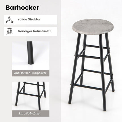 3-teiliges Bartisch- und Stuhlset, Industrieller Kneipentisch und Hocker, Grau