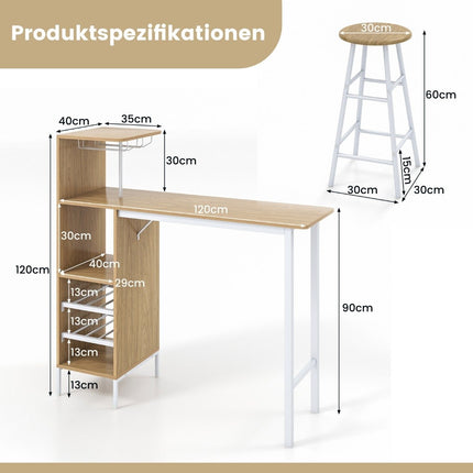 3 Piece Bar Table & Chair Set Industrial Pub Table & Stool Natural