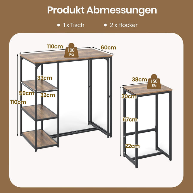 3-delige bartafelset met barkrukken en opbergplanken