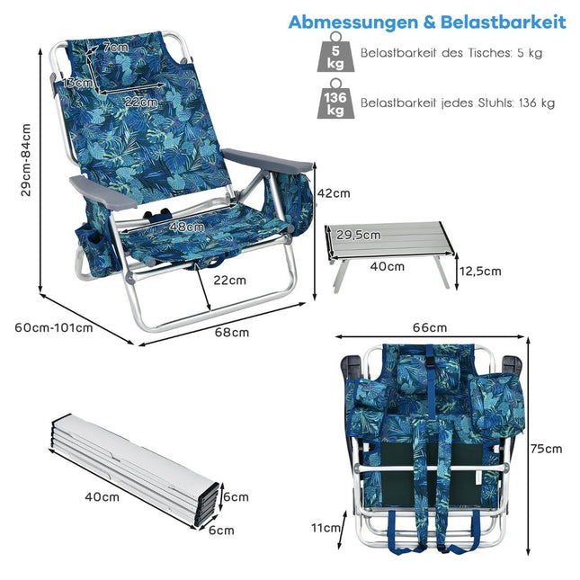3-teiliges Strandstuhl- und Tischset, verstellbar, tragbar