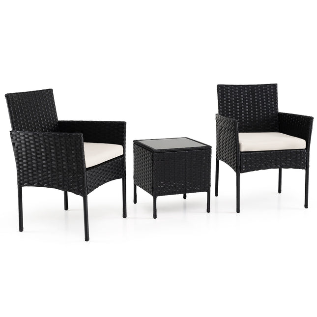 3-teiliges Balkonset aus beigem Rattan mit Glastisch