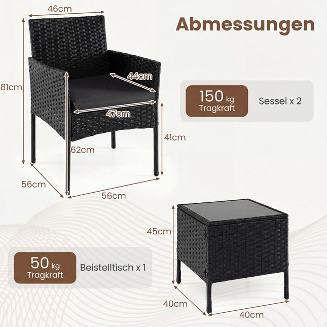 3-teiliges schwarzes Rattan-Gartenmöbel-Set mit Tisch