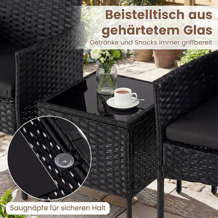 3-teiliges schwarzes Rattan-Gartenmöbel-Set mit Tisch