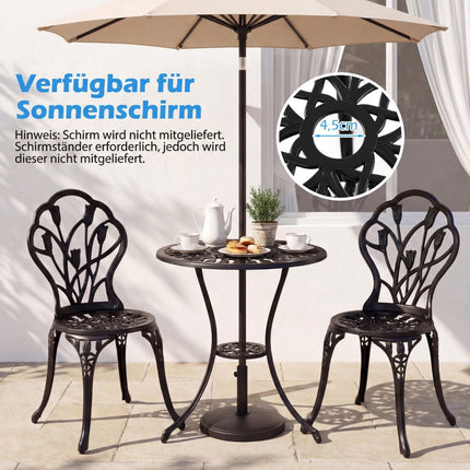 3dílný bistro set z litého hliníku s otvorem na slunečník