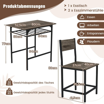 3-Piece Dining Set, Wood Table & 2 Chairs, Gray