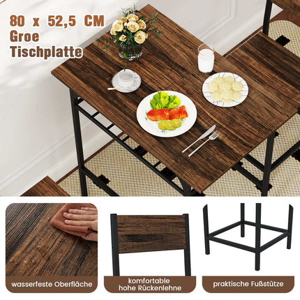 3-teiliges Esszimmerset, Holztisch & Metallrahmen, Braun