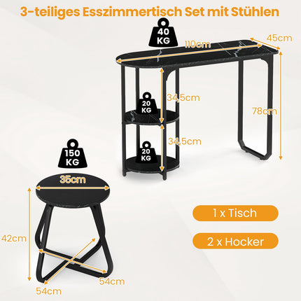 3-Piece Dining Set with Table & 2 Stools, Space-Saving