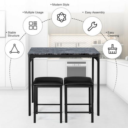 3-Piece Dining Table Set, 2 Faux Leather Stools, Black
