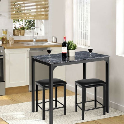 3-Piece Dining Table Set, 2 Faux Leather Stools, Black