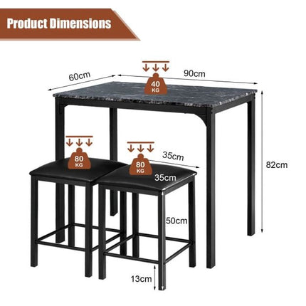 3-Piece Dining Table Set, 2 Faux Leather Stools, Black