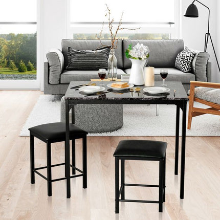 3-Piece Dining Table Set, 2 Faux Leather Stools, Black