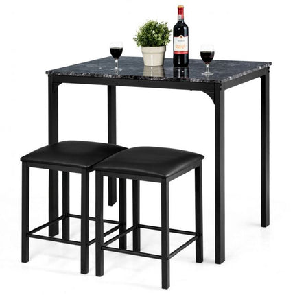 3-Piece Dining Table Set, 2 Faux Leather Stools, Black
