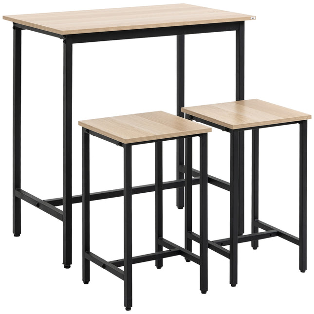 3-teiliges Bistrotisch-Set, Naturholzoptik und Stahl, 80x50x85 cm