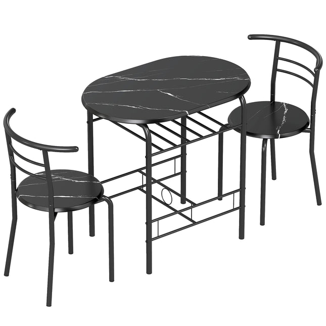 3-teiliges Esszimmerset für 2 Personen, schwarze Marmoroptik, Regal