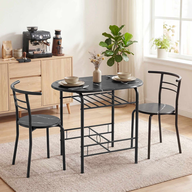 3-teiliges Esszimmerset für 2 Personen, schwarze Marmoroptik, Regal