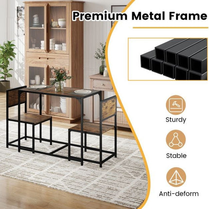 3-teiliges Esstisch-Set für 2 Personen, Metallrahmen, Rustikales Braun