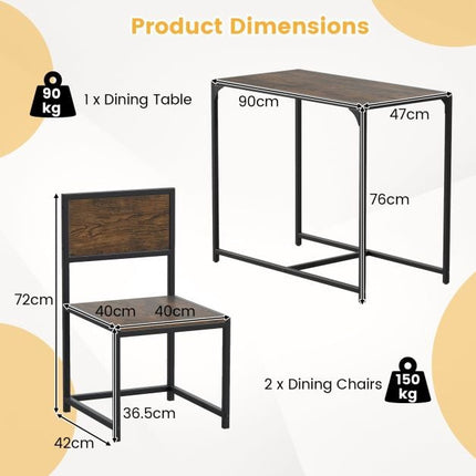3-teiliges Esstisch-Set für 2 Personen, Metallrahmen, Rustikales Braun