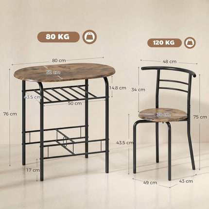 3-teiliges Esszimmertisch-Set für 2 Personen, Regal, Rustikales Braun