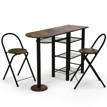 3-Piece Dining Table Set with Storage Shelves, Foldable Chairs