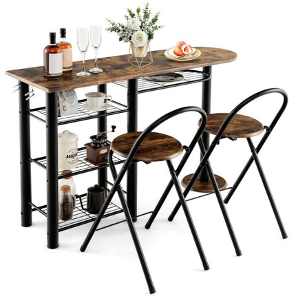 3-Piece Dining Table Set with Storage Shelves, Foldable Chairs