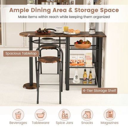 3-Piece Dining Table Set with Storage Shelves, Foldable Chairs
