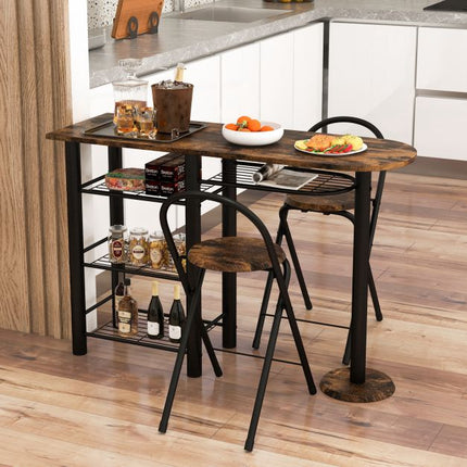 3-Piece Dining Table Set with Storage Shelves, Foldable Chairs