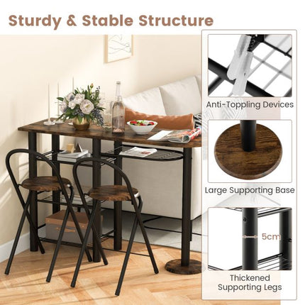 3-Piece Dining Table Set with Storage Shelves, Foldable Chairs