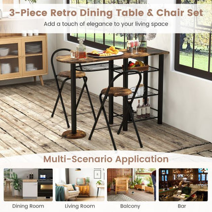 3-Piece Dining Table Set with Storage Shelves, Foldable Chairs