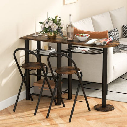 3-Piece Dining Table Set with Storage Shelves, Foldable Chairs