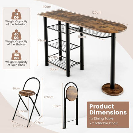 3-Piece Dining Table Set with Storage Shelves, Foldable Chairs