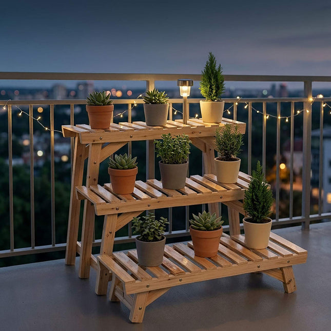 3-teiliges Pflanzenständer-Set aus Tannenholz, naturfarben