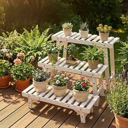 3-Piece Fir Wood Plant Stand Set – White