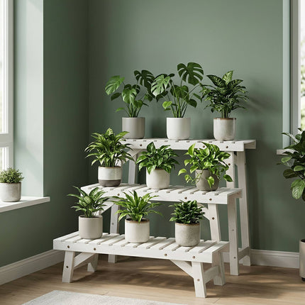 3-Piece Fir Wood Plant Stand Set – White