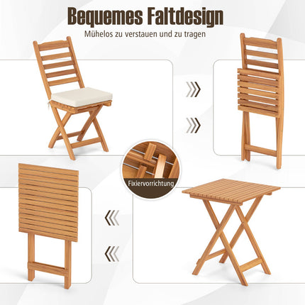 3-teiliges Klapp-Balkonmöbel-Set mit Kissen, Akazienholz