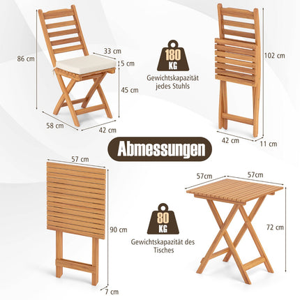 3-teiliges Klapp-Balkonmöbel-Set mit Kissen, Akazienholz