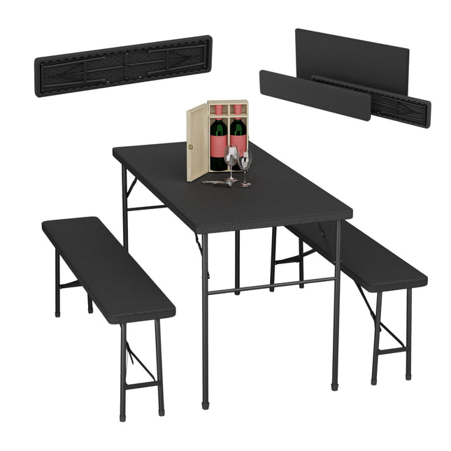 3-teiliges Klapp-Bierzeltgarnitur-Set, Rattan-Optik, Schwarz