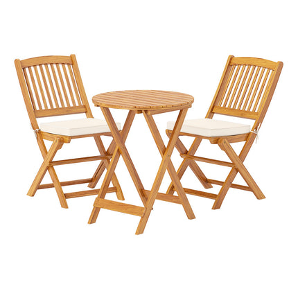 3-teiliges klappbares Bistro-Set – Akazienholz, beige Kissen