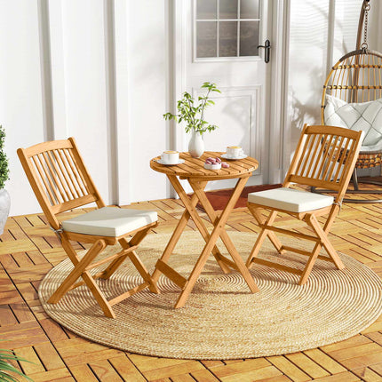 3-teiliges klappbares Bistro-Set – Akazienholz, beige Kissen