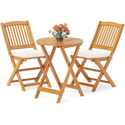 3-teiliges klappbares Bistro-Set – Akazienholz, beige Kissen