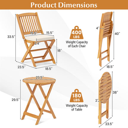 3-teiliges klappbares Bistro-Set – Akazienholz, beige Kissen