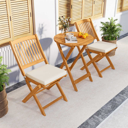 3-teiliges klappbares Bistro-Set – Akazienholz, beige Kissen