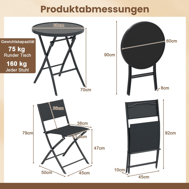 3-teiliges klappbares Bistrotisch-Set mit Glastisch – Schwarz