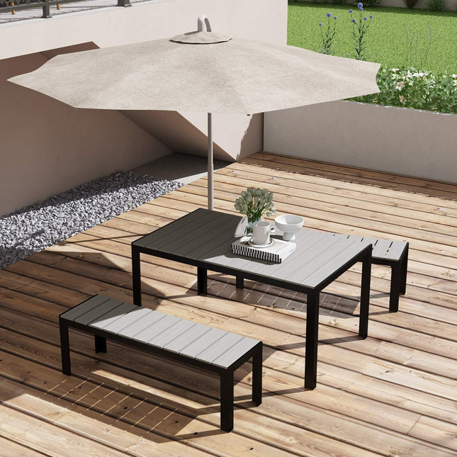 3-piece steel garden set - 2 benches and table, grey