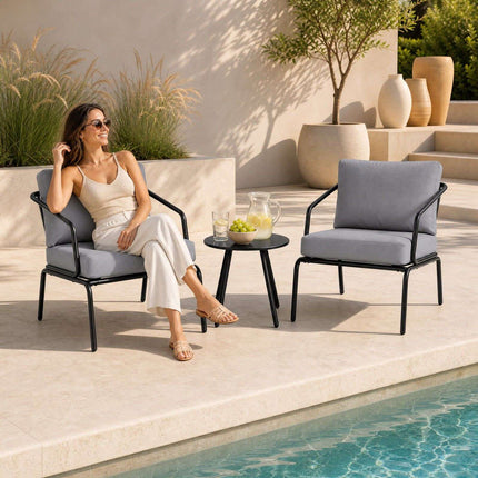 3-Piece Grey Patio Set with Metal Frame & Cushions